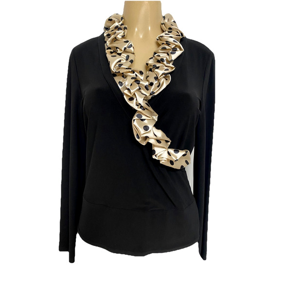 Joseph Ribkoff Black Top Blouse Polka Dot Satin Trim V neck Surplice V N… - Picture 1 of 6